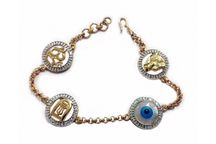 Evil Eye, Aum, Shiv Trishul and ShivLing and Sai Ram all in one, gold bracelet with diamonds