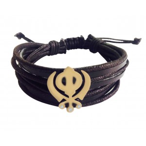 Gold Khanda Bracelet for Men on wide leather band