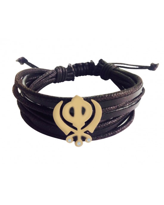 Gold Khanda Bracelet for Men on wide leather band