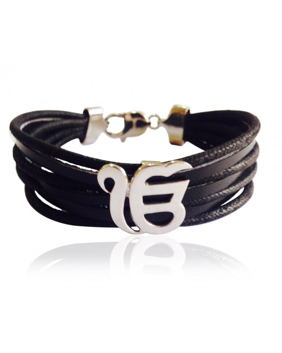 Wide Leather Band Ik Onkar Bracelet