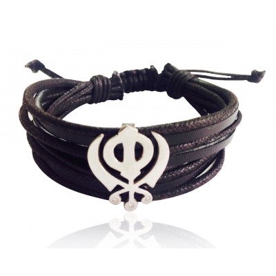 Wide Leather & Cotton Cord Khanda Bracelet in 925 Silver with Diamonds