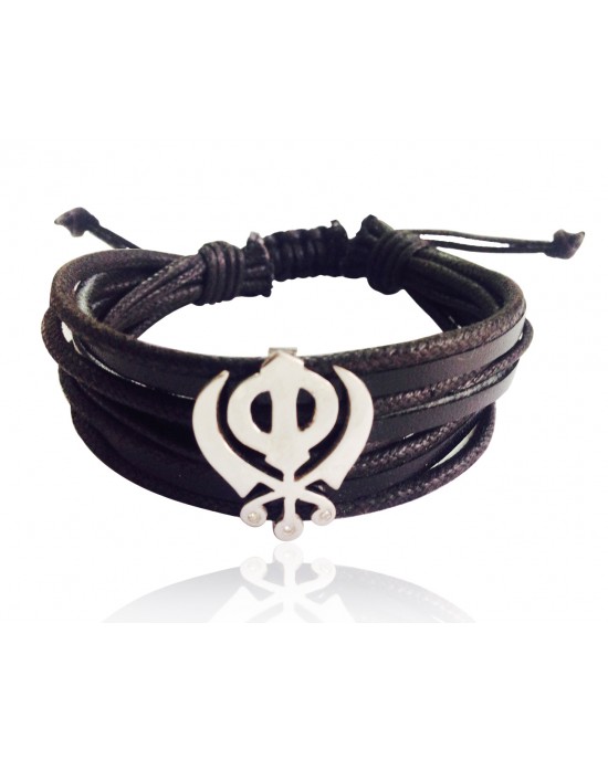 Wide Leather & Cotton Cord Khanda Bracelet in 925 Silver with Diamonds