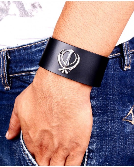 Khanda on wide Leather Band