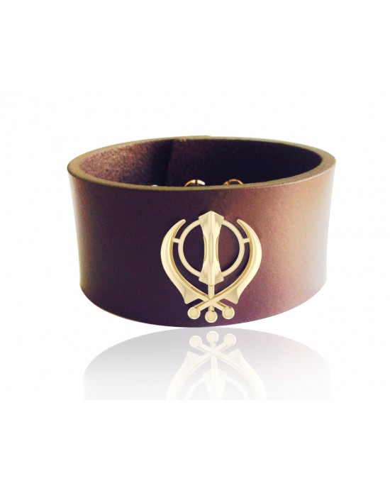 Gold Khanda on wide Leather Band