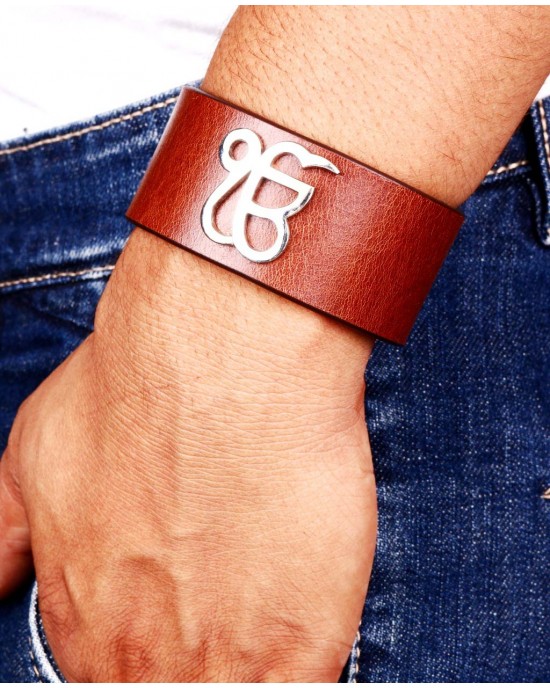 Wide Leather Ik Onkar Men’s Bracelet