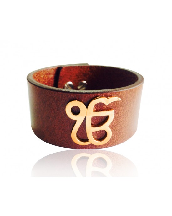 Gold Ik Onkar Leather Bracelet