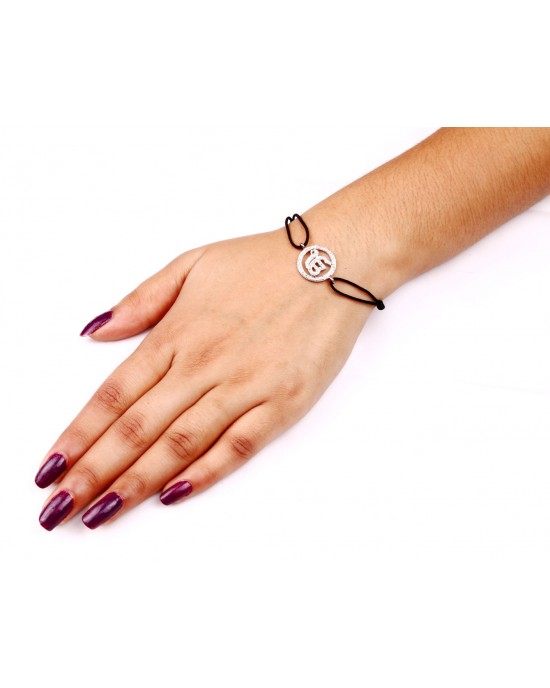 Ik Onkaar Bracelet in 925 Silver with Diamond on size adjustable Nylon Thread