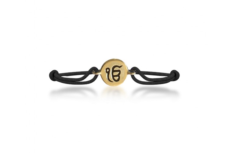 Authentic Ik Onkar Bracelet in 14k Gold for New Born Baby on adjustable black thread nazaria