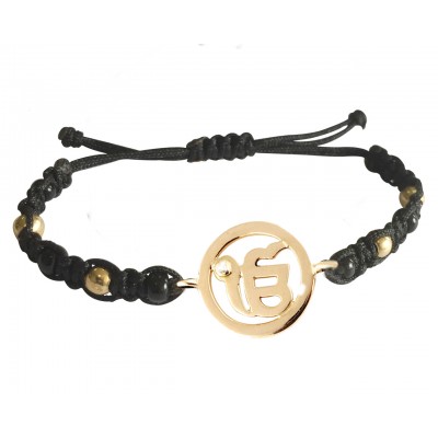 New Born Baby Ik onkaar Bracelet In Gold With Black & Gold Beads For Nazaria