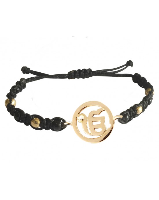 New Born Baby Ik onkaar Bracelet In Gold With Black & Gold Beads For Nazaria