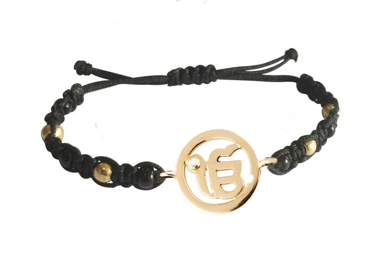 New Born Baby Ik onkaar Bracelet In Gold With Black & Gold Beads For Nazaria