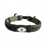 Evil Eye Silver Bracelet on Leather Band for Men with Adjustable Size