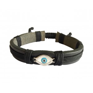 Evil Eye Silver Bracelet on Leather Band for Men with Adjustable Size