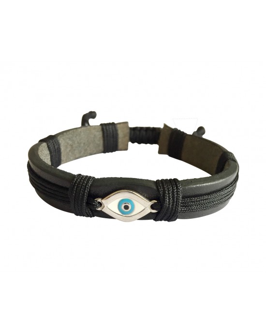 Evil Eye Silver Bracelet on Leather Band for Men with Adjustable Size