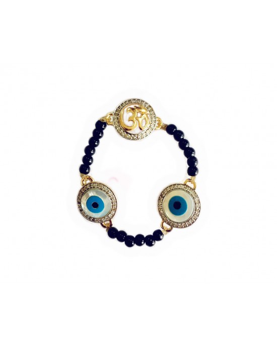 Evil eye and Aum 12mm charm bracelet on black beads for New born