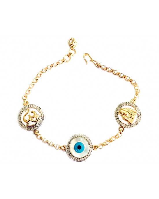 Om, Evil Eye and Sai Ram bracelet with 14mm charms in Gold