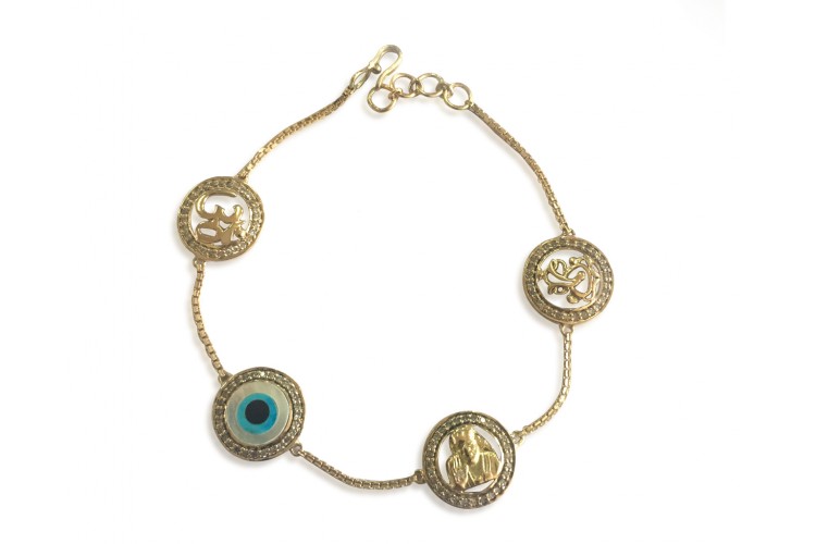 Evileye, Aum, Ganesh & Sairam Bracelet in gold & diamonds with 12mm charms