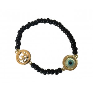 Om & Evil eye charm in gold on black beads for new born