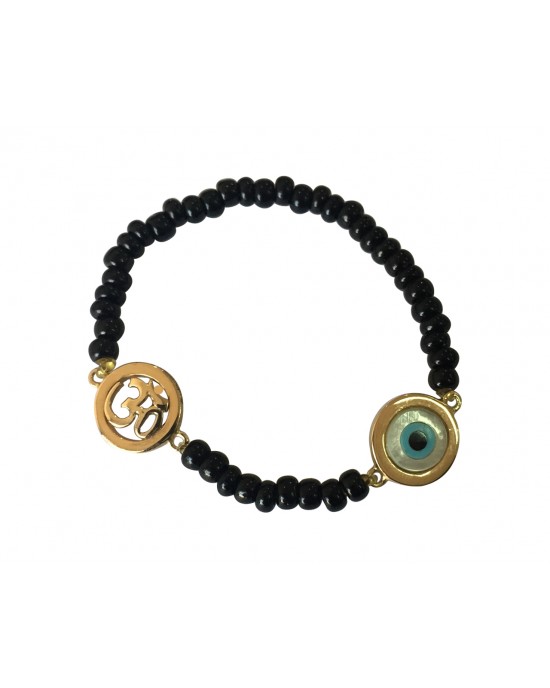 Om & Evil eye charm in gold on black beads for new born
