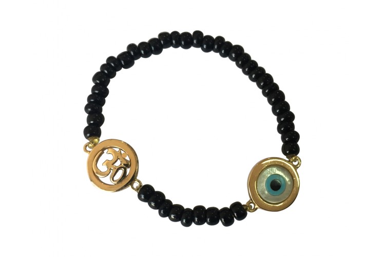 Om & Evil eye charm in gold on black beads for new born