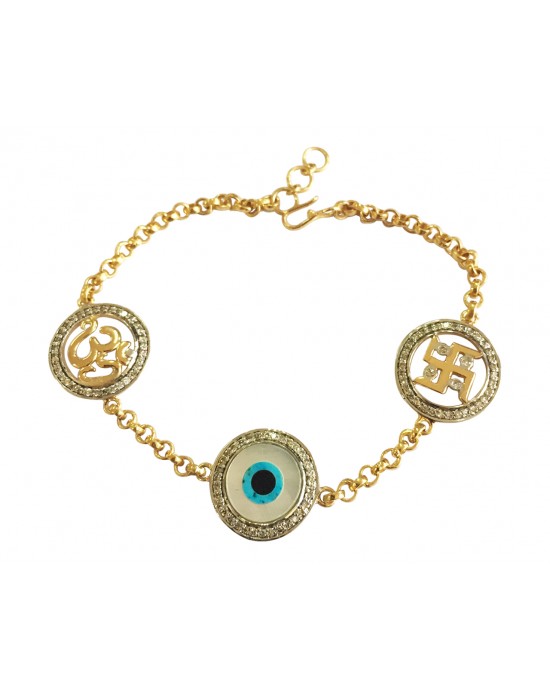 Auspicious Om Evil Eye and swastika bracelet in gold with diamonds