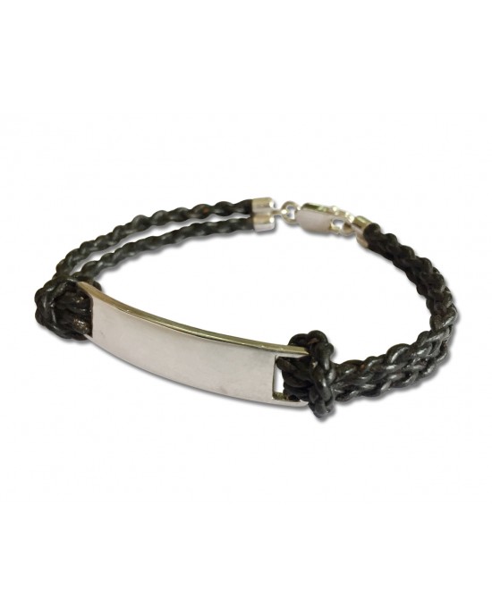 Leather Identity Tag Bracelet for Boys IN Sterling Silver with ENgravable plate