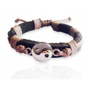 Yin Yang Silver Leather Bracelet for Men