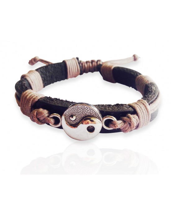 Yin Yang Silver Leather Bracelet for Men