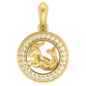 Capricorn Charm Pendant in 14K Gold with Diamonds on Leather Cord