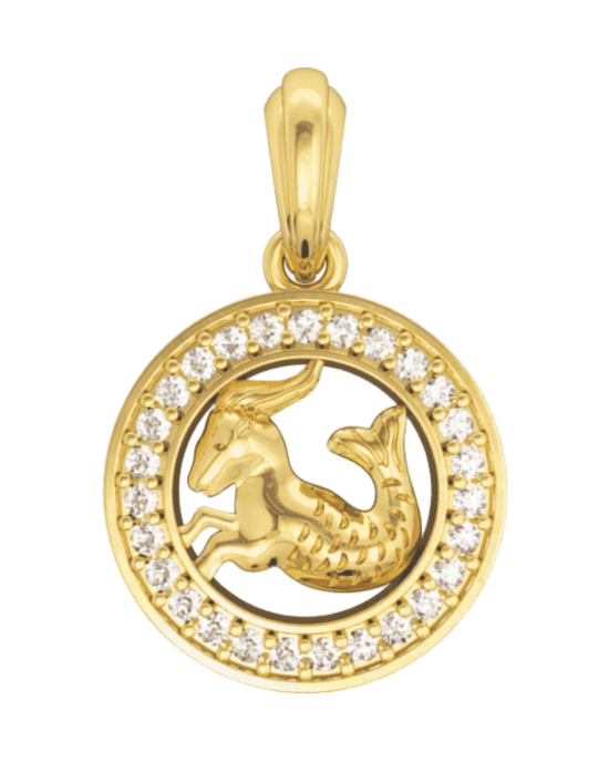 Capricorn Charm Pendant in 14K Gold with Diamonds on Leather Cord