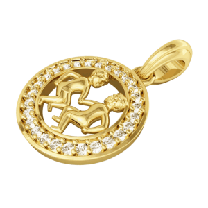 Gemini Charm Pendant in 14K Gold Studded with Diamonds with Leather Cord