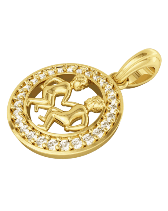 Gemini Charm Pendant in 14K Gold Studded with Diamonds with Leather Cord