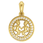 Gemini Charm Pendant in 14K Gold Studded with Diamonds with Leather Cord