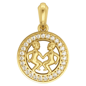 Gemini Charm Pendant in 14K Gold Studded with Diamonds with Leather Cord