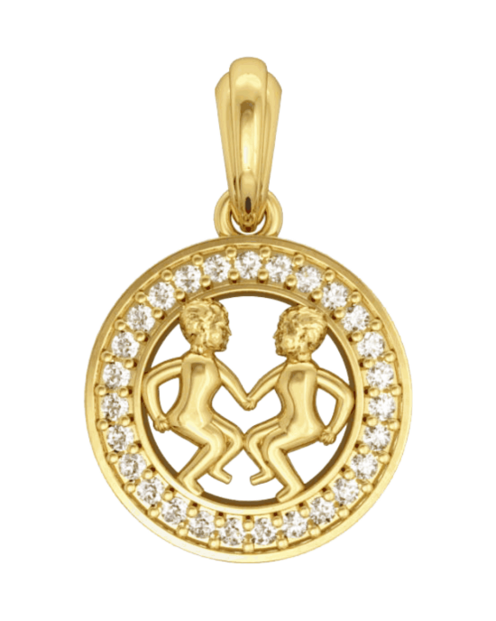 Gemini Charm Pendant in 14K Gold Studded with Diamonds with Leather Cord