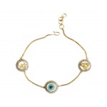 Evil Eye, Om & Sai Bracelet in gold with 10mm charms 