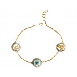 Evil Eye, Om & Sai Bracelet in gold with 10mm charms 
