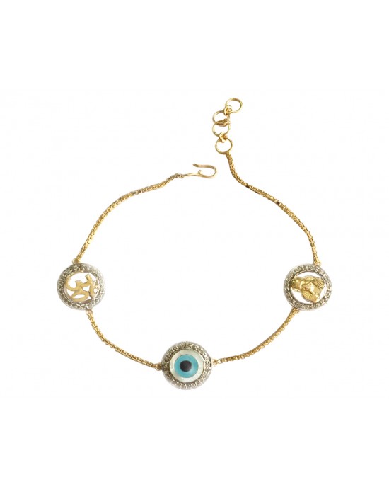 Evil Eye, Om & Sai Bracelet in gold with 10mm charms 