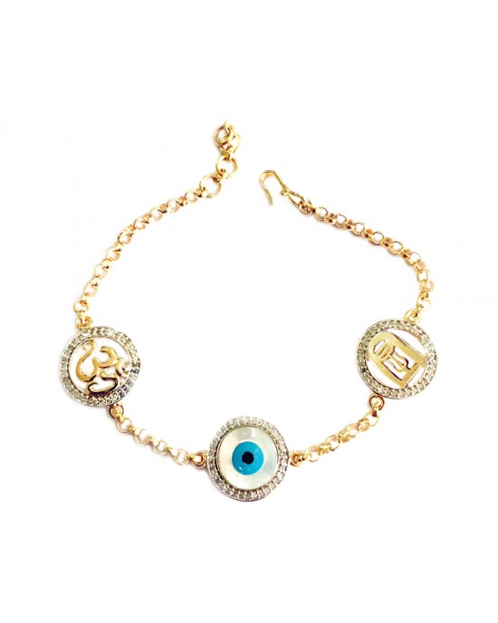 Auspicious Om, Evil eye and Shiv Trishul Gold bracelet with diamonds