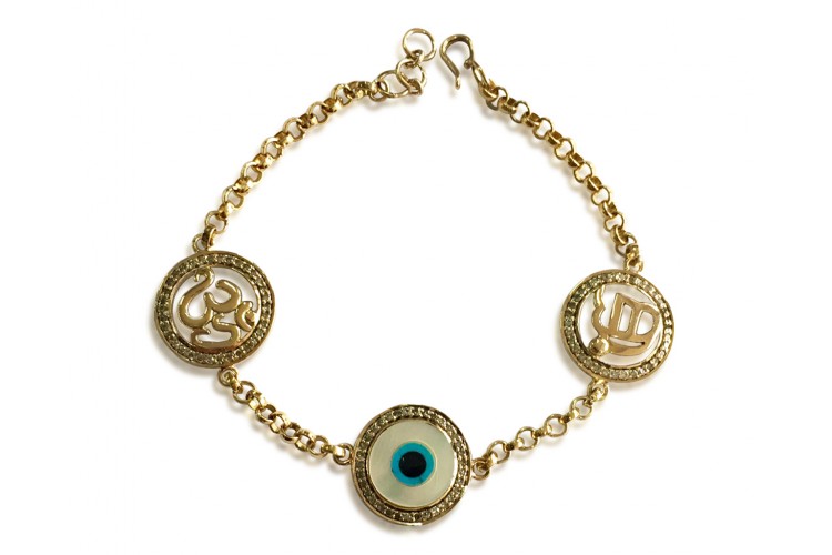 Om, Ik Onkar & Evil Eye bracelet in 14k gold
