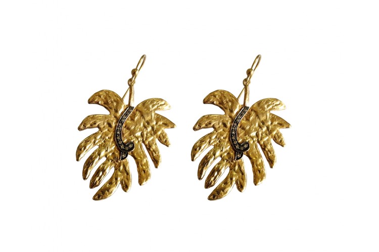 Gold Plated Leaf design earring with diamonds