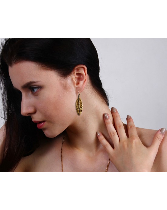 Gold plated silver earring in Classic Leaf design with diamonds