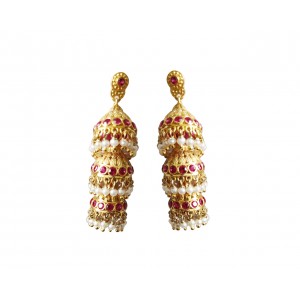 Silver gold plated jhumkis with pearls & red zircons