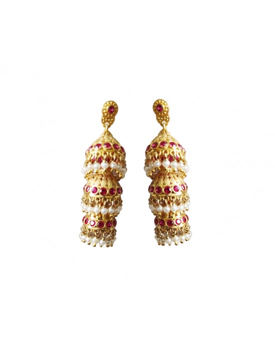 Silver gold plated jhumkis with pearls & red zircons