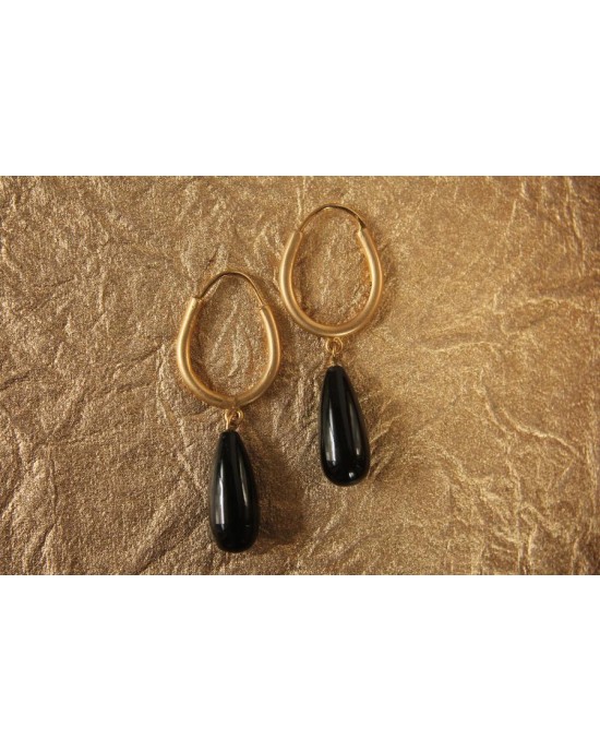 Gold Hoop Earrings with Black Onyx