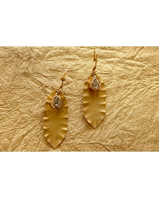 Gold Leaf Earrings with Flat Cut Diamonds