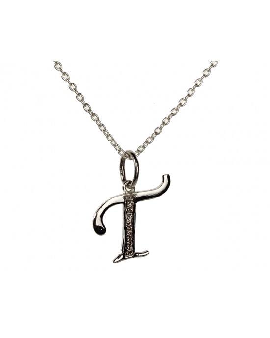 Alphabet T with diamonds in silver pendant