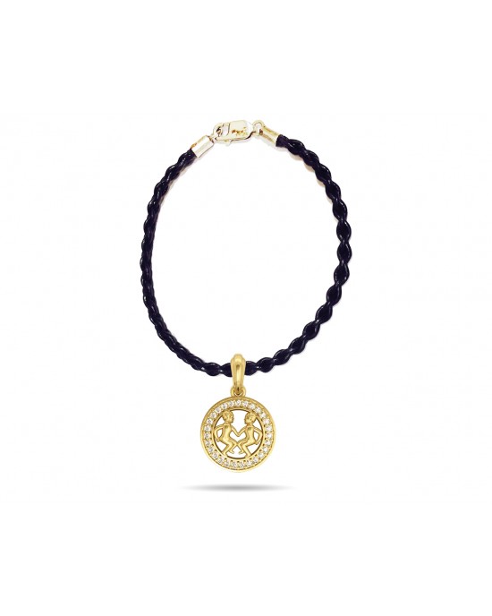Gemini Charm Pendant in 14K Gold Studded with Diamonds with Leather Cord