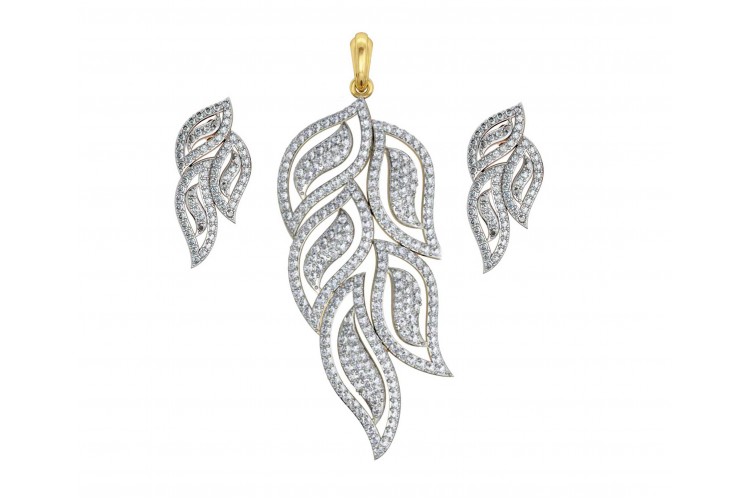 Designer Diamond Leaf Design Pendant Earring Set Online In Designer Diamond Leaf Design Pendant Earring Set
