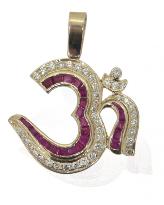 Om Pendant with Rubies in Gold